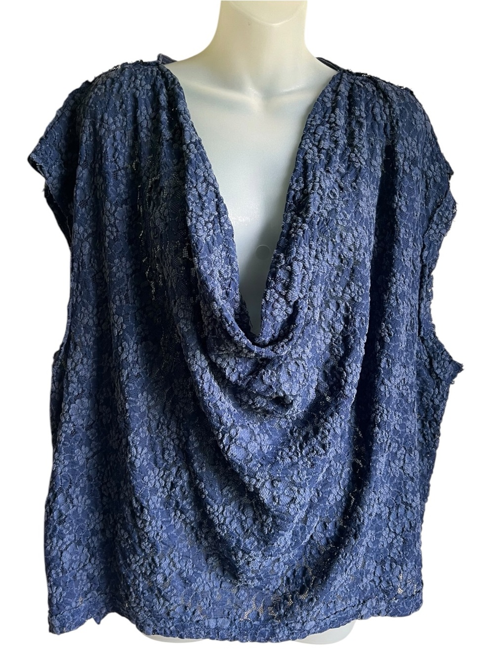 Free People Sweet Whisper Samantha Lace Cowl Neck Top XS Blue Oversized Boho